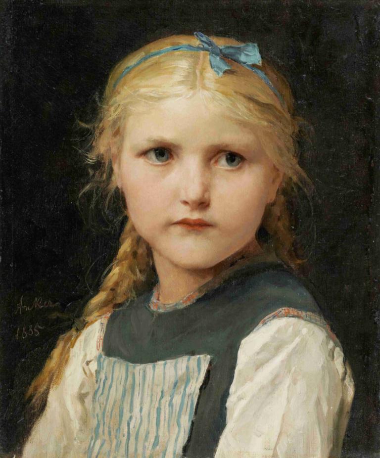 Portrait Of A Girl,Albert Anker,Oil Painting,Oil Painting, 1girl, blonde hair, solo, braid, long hair