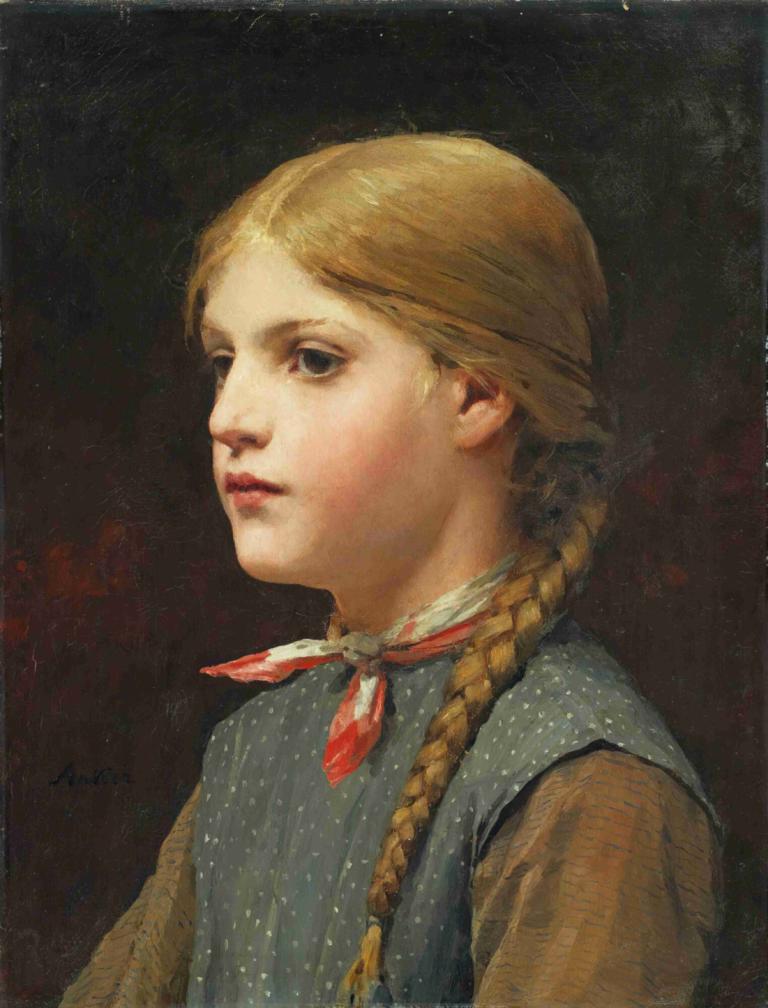 Portrait Of A Girl,Albert Anker,Oil Painting,Oil Painting, 1girl, solo, braid, blonde hair, long hair