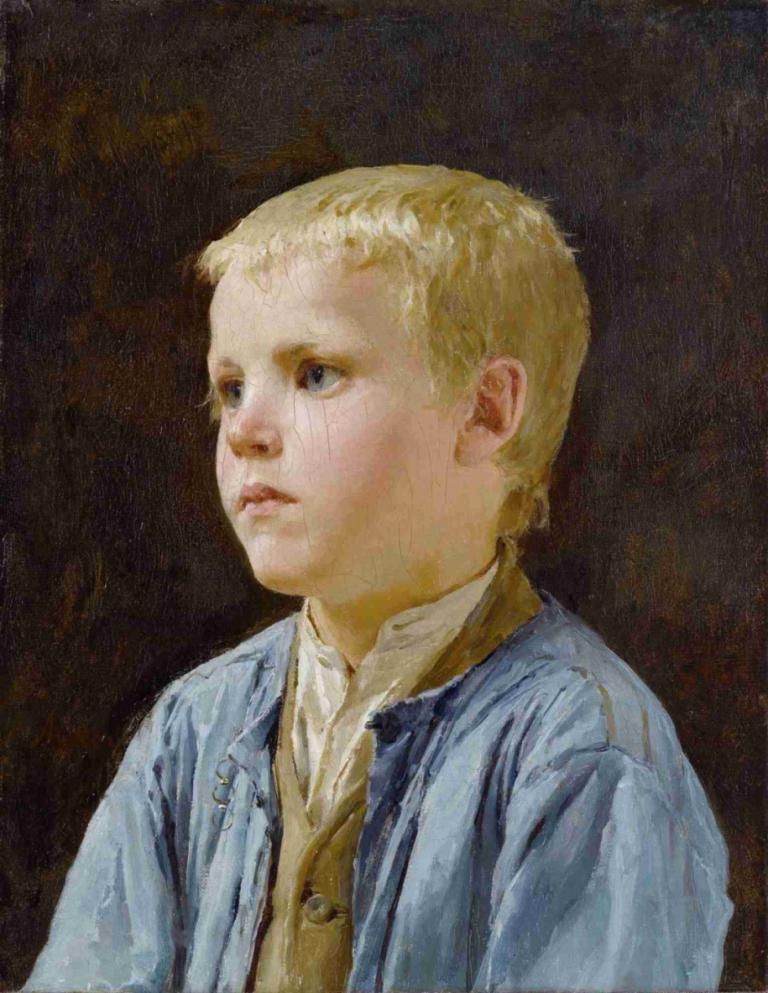 Portrait of a boy,Albert Anker,Oil Painting,Oil Painting, solo, blonde hair, 1boy, male focus, blue eyes