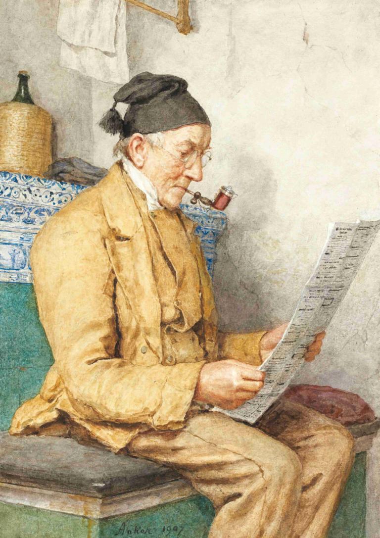 Reading Farmer Sitting By The Tiled Stove,Albert Anker,Oil Painting,Oil Painting, 1boy, old, solo, male focus