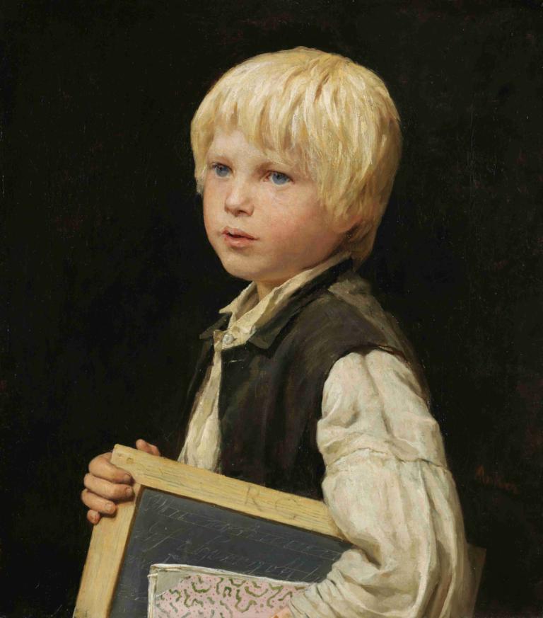 School Boy,Escolar,Albert Anker,Pintura al óleo,Pintura al óleo, pelo rubio, solo, 1 chico, enfoque masculino