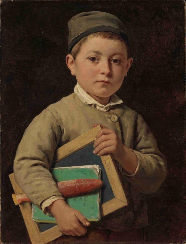 Schoolboy,Albert Anker,Oil Painting,Oil Painting, 1boy, male focus, solo, hat, realistic, holding