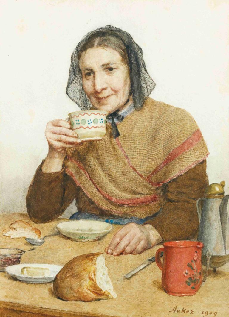 Sitting Peasant Woman Holding A Cup In Her Hand,Albert Anker,Oil Painting,Oil Painting, solo, table, food