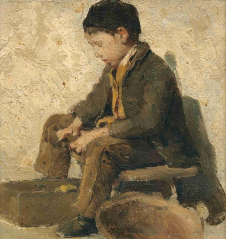 Sitting Boy Peeling Vegetables,Albert Anker,Oil Painting,Oil Painting, 1boy, male focus, solo, sitting, chair