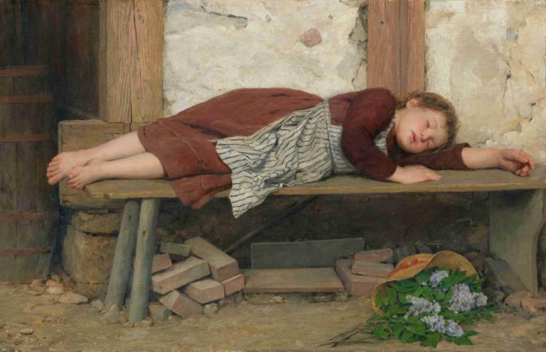 Sleeping Girl On A Wooden Bench,Albert Anker,Oil Painting,Oil Painting, 1girl, solo, barefoot, flower