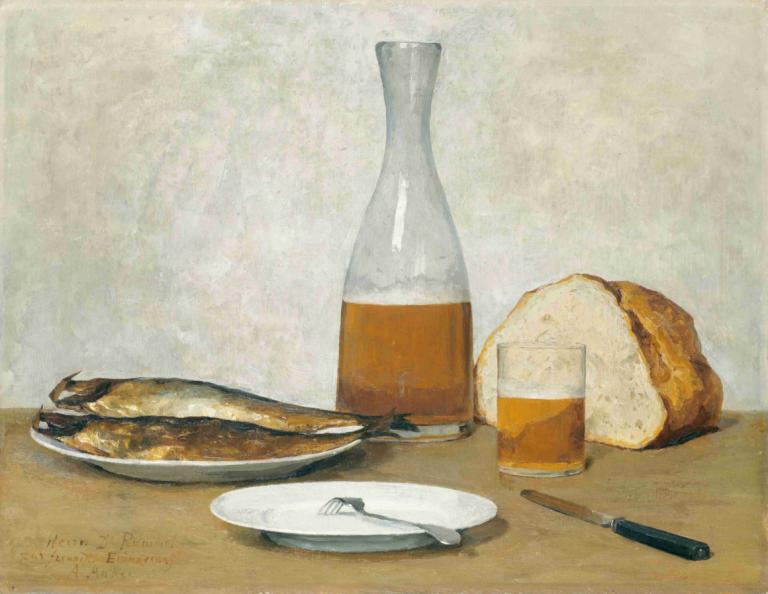 Still Life; Herrings,Albert Anker,Oil Painting,Oil Painting, no humans, food, plate, cup, traditional media