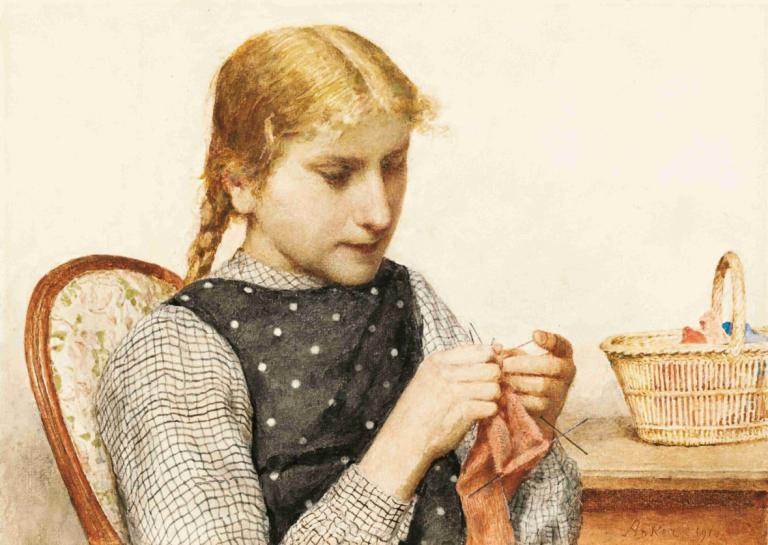 Strickendes Mädchen,Albert Anker,Oil Painting,Oil Painting, solo, blonde hair, braid, realistic