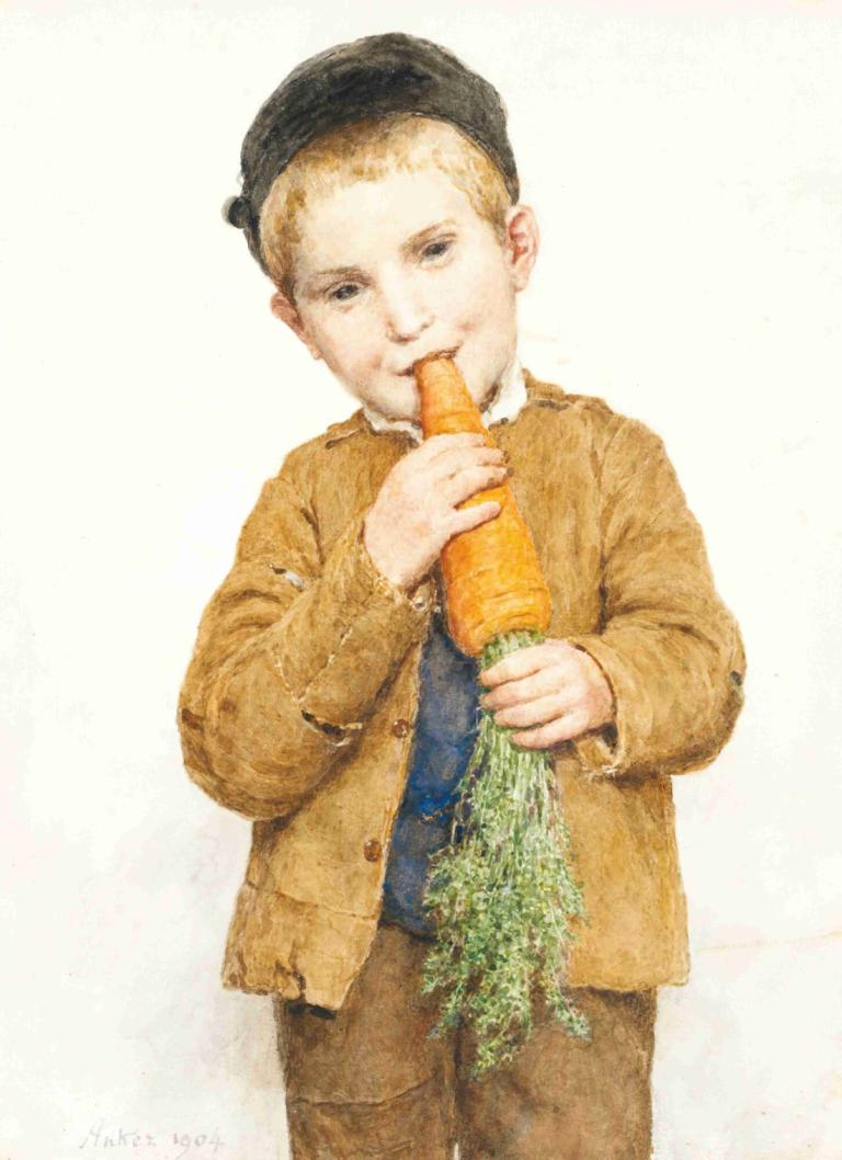 The Little Boy With The Big Carrot,Albert Anker,Oil Painting,Oil Painting, 1boy, male focus, solo