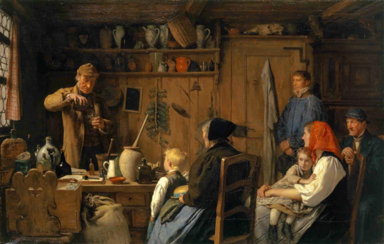 The Quack,Albert Anker,Oil Painting,Oil Painting, multiple boys, blonde hair, indoors, sitting, chair