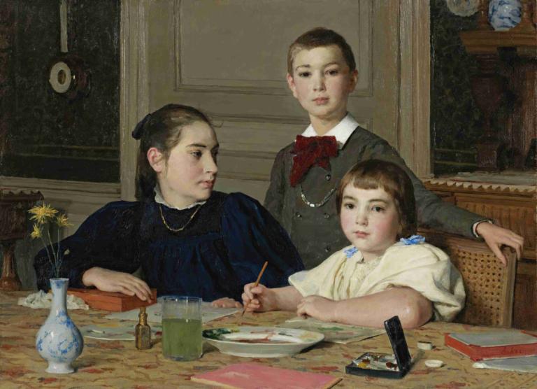 The Zaeslin Siblings,Syskonen Zaeslin,Albert Anker,Oljemålning,Oljemålning, flera tjejer, 3 tjejer