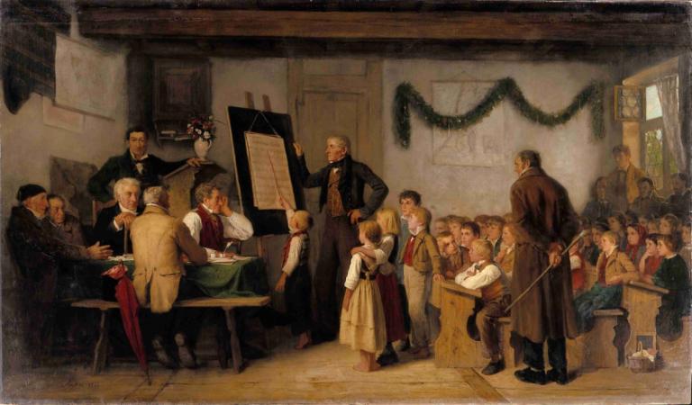 The school exam,Albert Anker,Oil Painting,Oil Painting, multiple boys, 6+boys, multiple girls, table