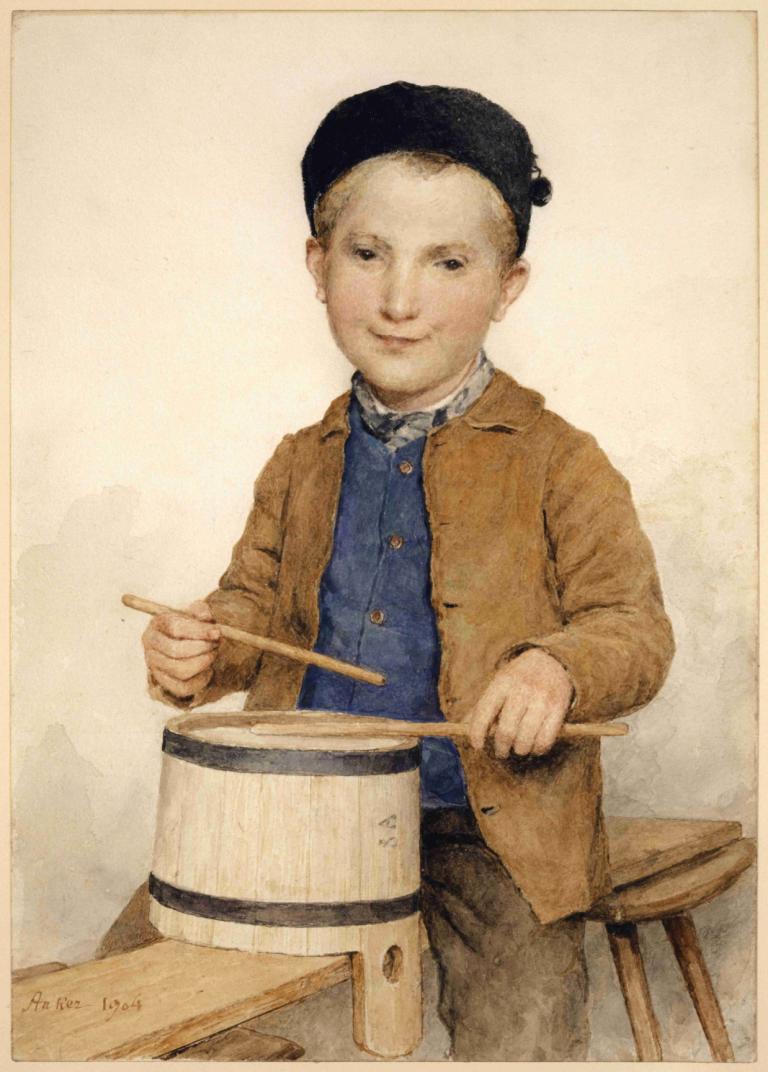 Trommelnder Knabe,Albert Anker,Oil Painting,Oil Painting, 1boy, male focus, solo, instrument, drum