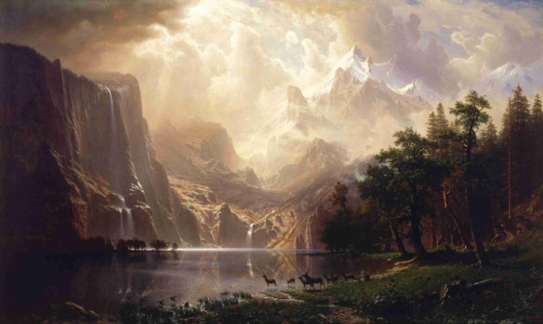 Among the Sierra Nevada, California,Albert Bierstadt,Oil Painting,Oil Painting, scenery, outdoors, cloud