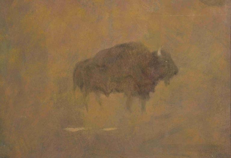 Buffalo in a Sandstorm,Albert Bierstadt,Oil Painting,Oil Painting, from side, no humans, monster, profile