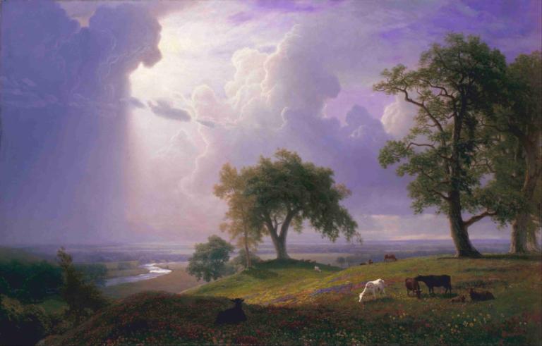 California Spring,Albert Bierstadt,Lukisan cat minyak,Lukisan cat minyak, pohon, pemandangan, awan