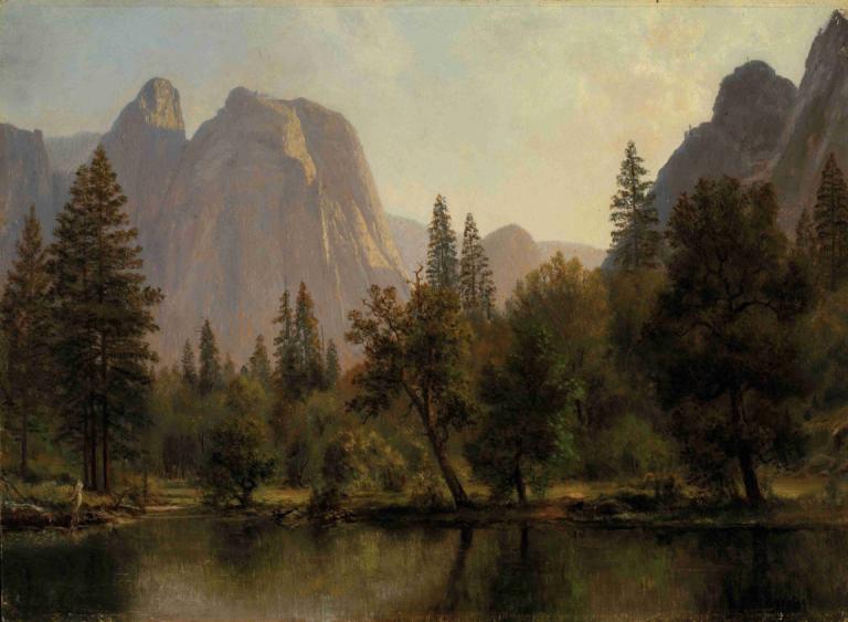 Cathedral Rocks, Yosemite Valley,大教堂岩石，优胜美地山谷,Albert Bierstadt,阿尔伯特-比尔斯塔特,油画,油画, 风景, 没有人类, 树, 户外, 自然, 森林, 天空