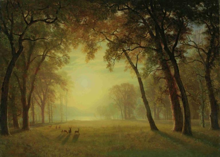 Deer in a clearing, yosemite,요세미티, 공터의 사슴,Albert Bierstadt,알버트 비어슈타트,오일 페인팅,오일 페인팅, 경치, 나무, 옥외, 인간은 없어, 자연, 숲