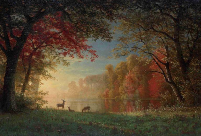 Indian Sunset, Deer by a Lake,Albert Bierstadt,Oil Painting,Oil Painting, scenery, tree, outdoors, grass, sky