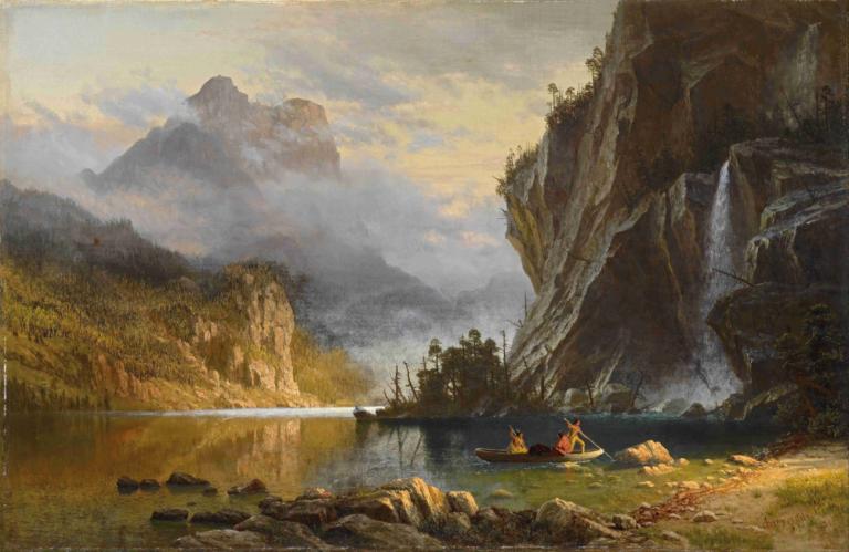 Indians Spear Fishing,Albert Bierstadt,Oil Painting,Oil Painting, scenery, outdoors, water, cloud, sky