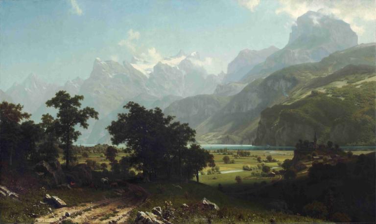 Lake Lucerne,루체른 호수,Albert Bierstadt,알버트 비어슈타트,오일 페인팅,오일 페인팅, 경치, 옥외, 나무, 인간은 없어, 하늘, 낮, 구름, 산, 풍경, 자연, 잔디, 물