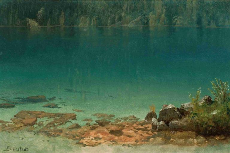 Lake Scene,Albert Bierstadt,Oil Painting,Oil Painting, scenery, rock, outdoors, water, no humans