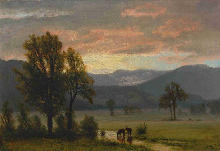 Landscape With Cattle,Albert Bierstadt,Oil Painting,Oil Painting, scenery, outdoors, tree, no humans, cloud