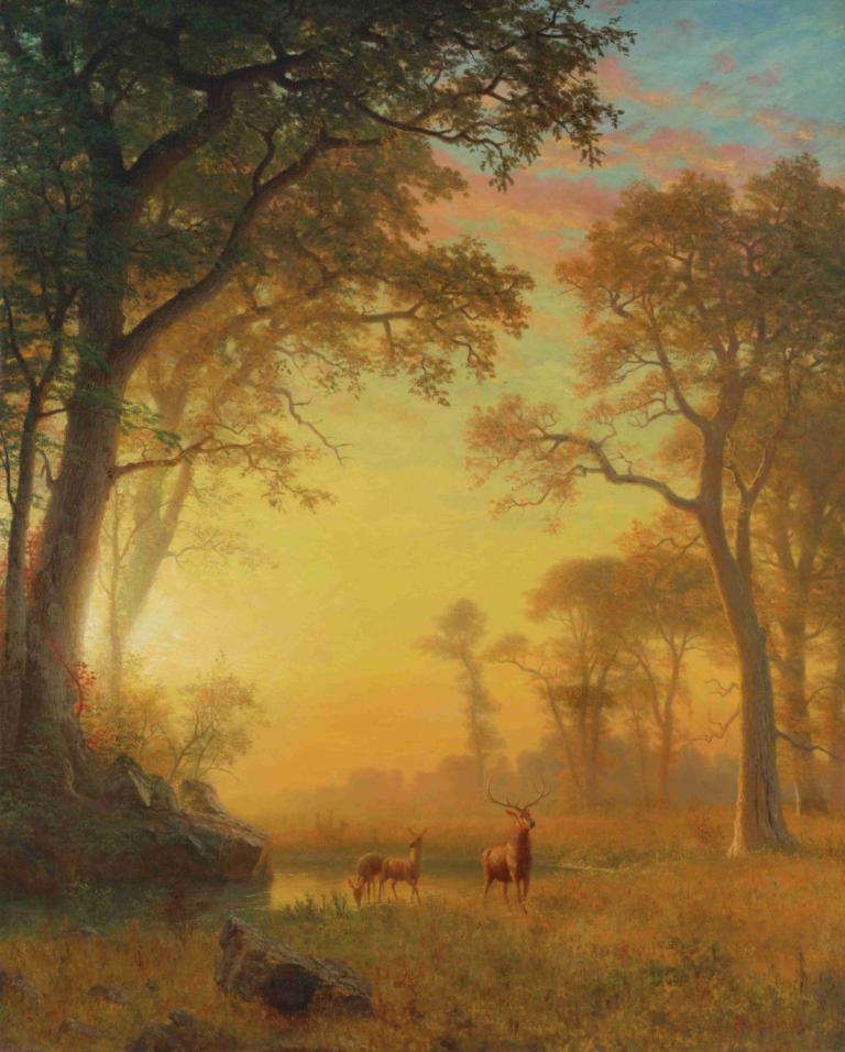 Light In The Forest,Albert Bierstadt,Oil Painting,Oil Painting, tree, scenery, deer, outdoors, no humans