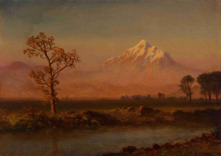 Mount Hood,Albert Bierstadt,Oil Painting,Oil Painting, scenery, no humans, tree, outdoors, mountain, sky