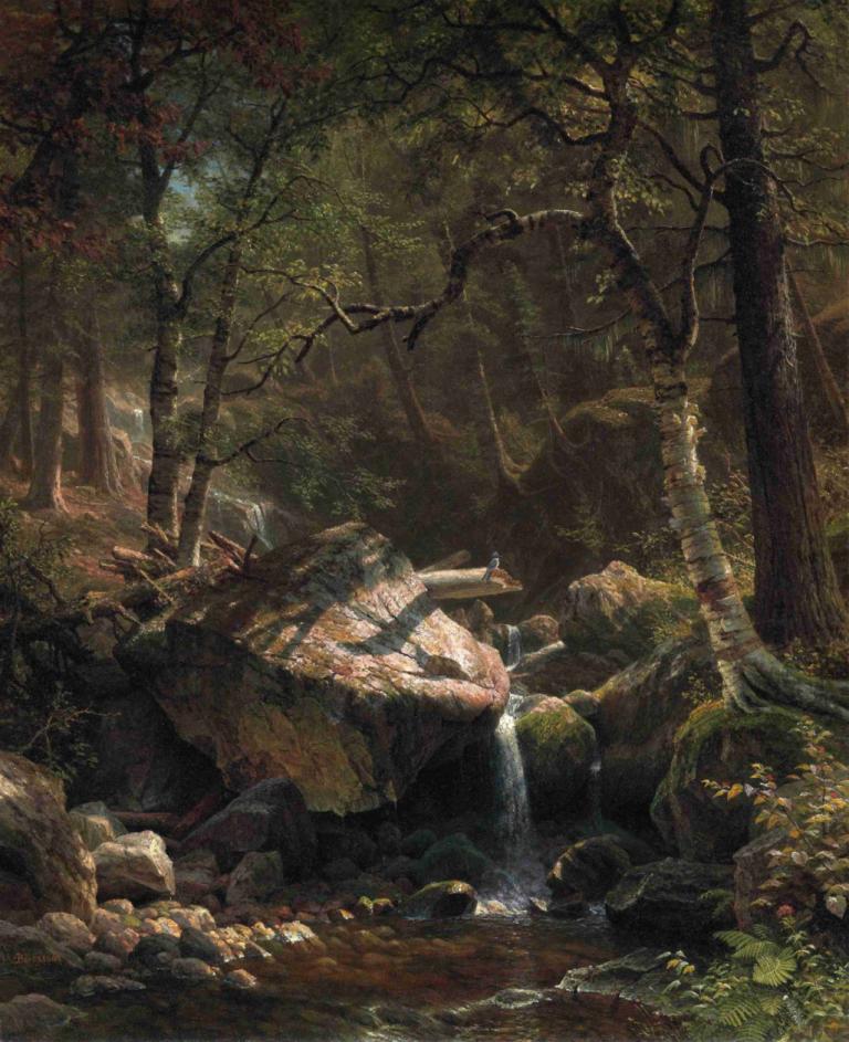 Mountain Brook,마운틴 브룩,Albert Bierstadt,알버트 비어슈타트,오일 페인팅,오일 페인팅, 자연, 숲, 나무, 물, 경치, 폭포, 옥외, 독주, 인간은 없어, 이끼