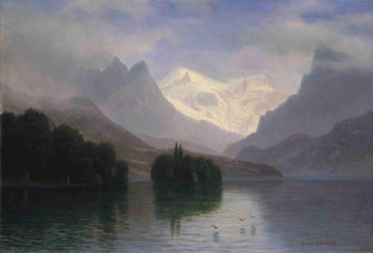 Mountain Scene,Berglandschap,Albert Bierstadt,Olieverf,Olieverf, landschap, buitenshuis, wolk, lucht, water