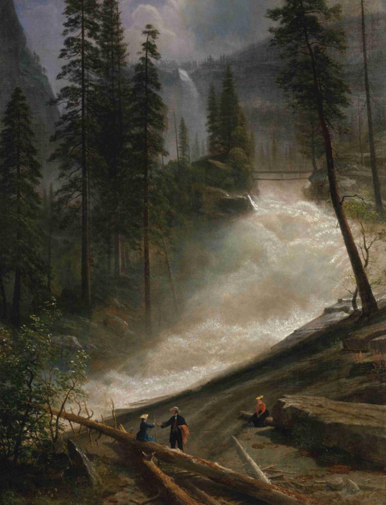 Nevada Falls, Yosemite,네바다 폭포, 요세미티,Albert Bierstadt,알버트 비어슈타트,오일 페인팅,오일 페인팅, 옥외, 나무, 경치, 구름, 자연, 포켓몬 (생물)