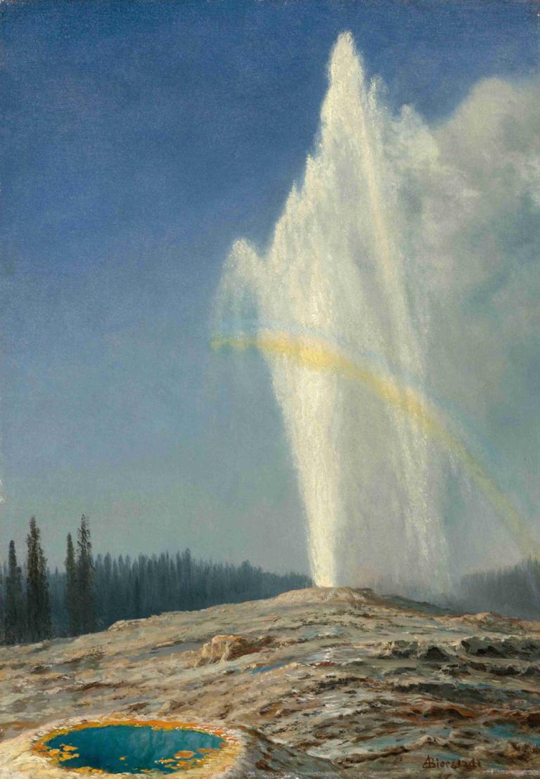 Old Faithful,올드 페이스풀,Albert Bierstadt,알버트 비어슈타트,오일 페인팅,오일 페인팅, 인간은 없어, 경치, 하늘, 옥외, 낮, 나무, 구름, 무지개, 자연, 파란 하늘