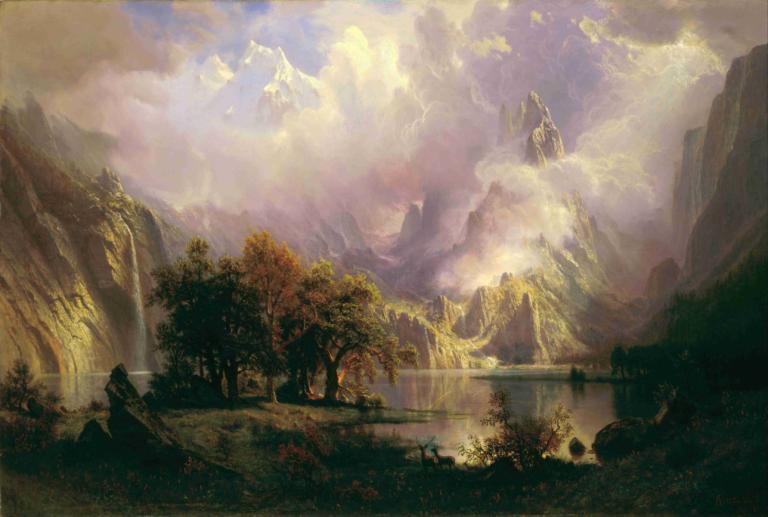 Rocky Mountain Landscape,록키 산맥 풍경,Albert Bierstadt,알버트 비어슈타트,오일 페인팅,오일 페인팅, 경치, 구름, 나무, 옥외, 인간은 없어, 하늘, 산