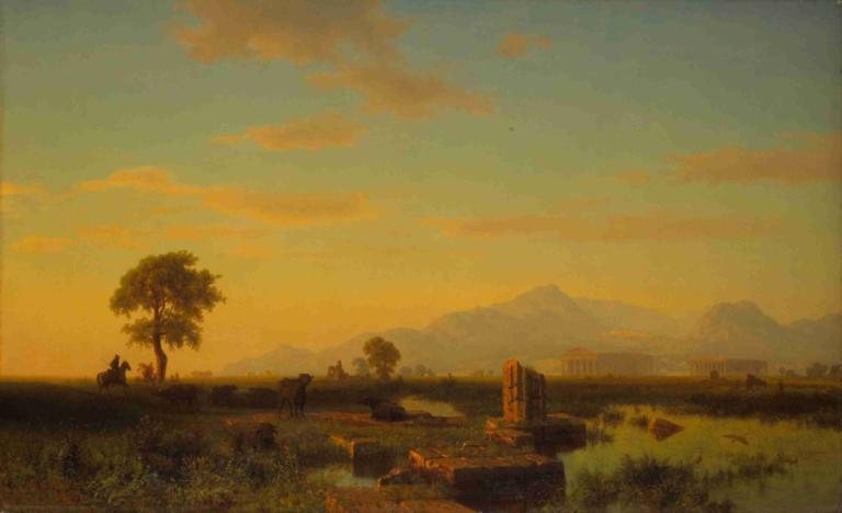 Ruins of Paestum,파에스툼의 유적,Albert Bierstadt,알버트 비어슈타트,오일 페인팅,오일 페인팅, 경치, 옥외, 나무, 잔디, 하늘, 인간은 없어, 구름, 일몰