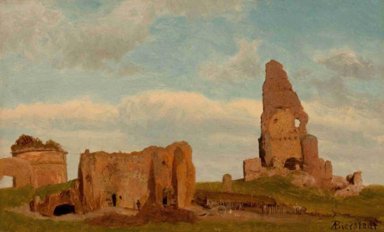 Ruins-Campagna of Rome,로마의 유적-캠페인,Albert Bierstadt,알버트 비어슈타트,오일 페인팅,오일 페인팅, 경치, 옥외, 인간은 없어, 하늘, 구름, 잔디, 낮, 유적