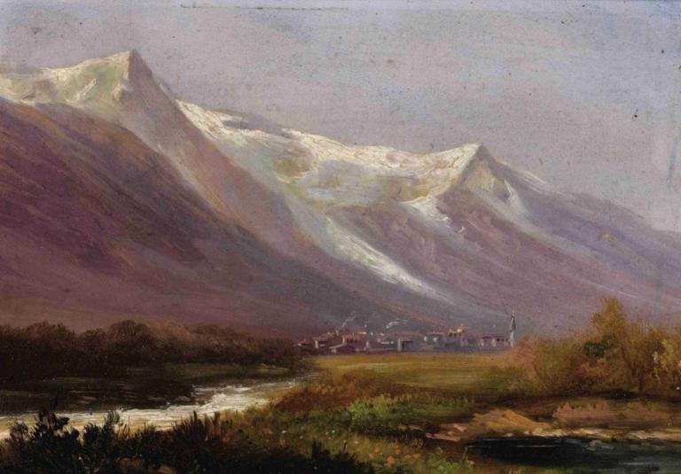 Study of Mountains,山脉研究,Albert Bierstadt,阿尔伯特-比尔斯塔特,油画,油画, 风景, 户外, 没有人类, 山, 景观, 草, 天空, 河, 传统媒体, 自然, 树, 天