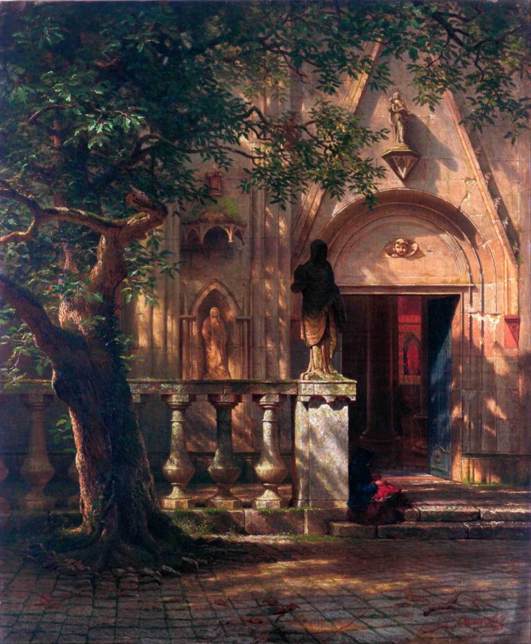 Sunlight and Shadow,阳光与阴影,Albert Bierstadt,阿尔伯特-比尔斯塔特,油画,油画, 树, 风景, 户外, 拱, 阳光, 植物, 门, 独奏, 花, 楼梯, 常设