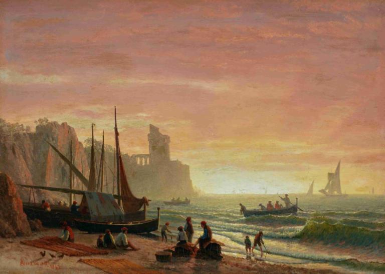 The Fishing Fleet,Ο αλιευτικός στόλος,Albert Bierstadt,Ελαιογραφία,Ελαιογραφία, πλοίο, τοπίο, σκάφος