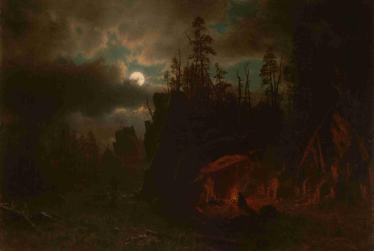 The Trappers’ Camp,Η κατασκήνωση των παγιδευτών,Albert Bierstadt,Ελαιογραφία,Ελαιογραφία, φεγγάρι, τοπίο