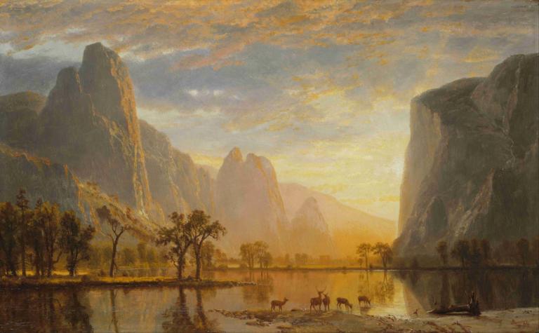 Valley of the Yosemite,Dolina Yosemite,Albert Bierstadt,Oljna slika,Oljna slika, kulisa, drevo, nebo