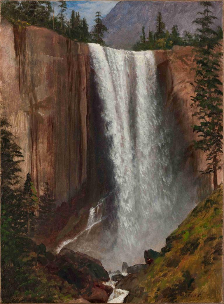 Vernal Fall,Vernalna jesen,Albert Bierstadt,Oljna slika,Oljna slika, kulisa, slap, na prostem, drevo, narave