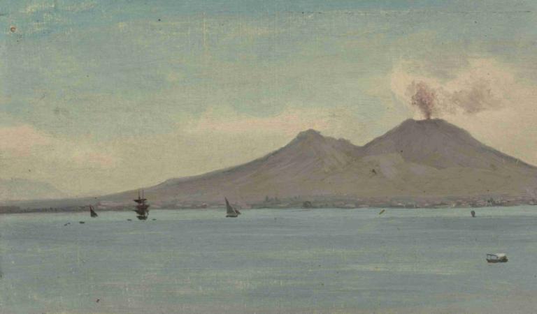 Vesuvius,Vezuv,Albert Bierstadt,Oljna slika,Oljna slika, vodno plovilo, na prostem, kulisa, brez ljudi, čoln