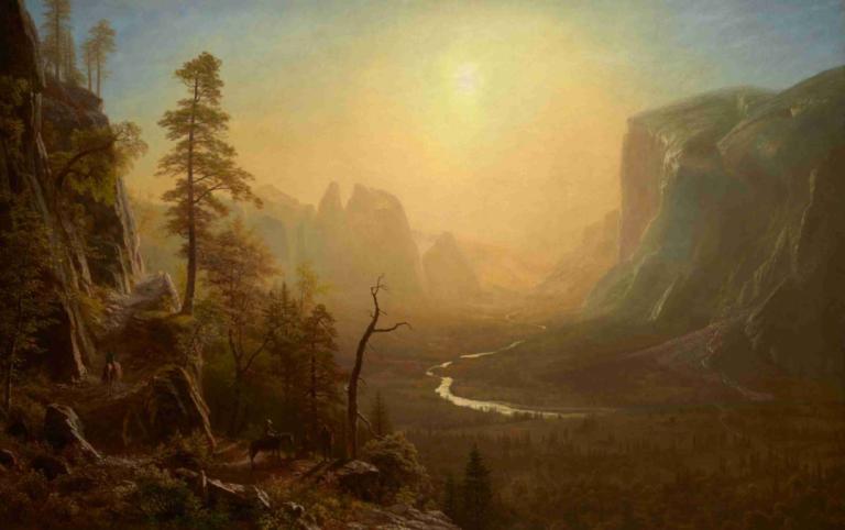 Yosemite Valley, Glacier Point Trail,优胜美地山谷，冰川点小径,Albert Bierstadt,阿尔伯特-比尔斯塔特,油画,油画, 风景, 没有人类, 户外, 树, 太阳, 自然