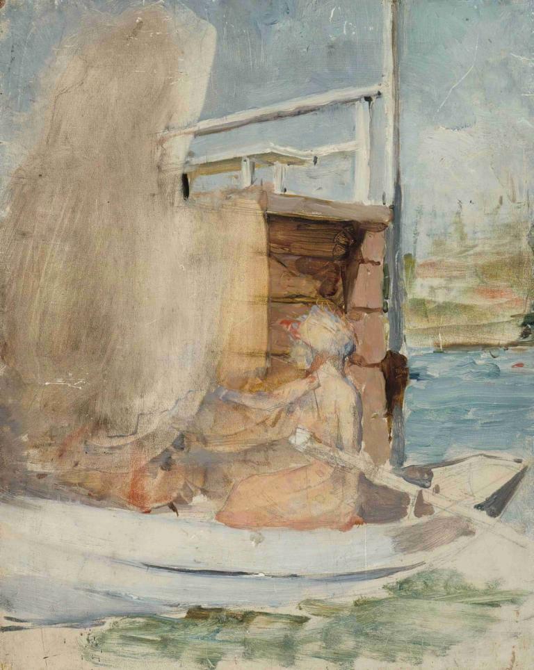 A Woman In A Boat At The Pier,Albert Edelfelt,Oil Painting,Oil Painting, watercraft, boat, 1girl, solo