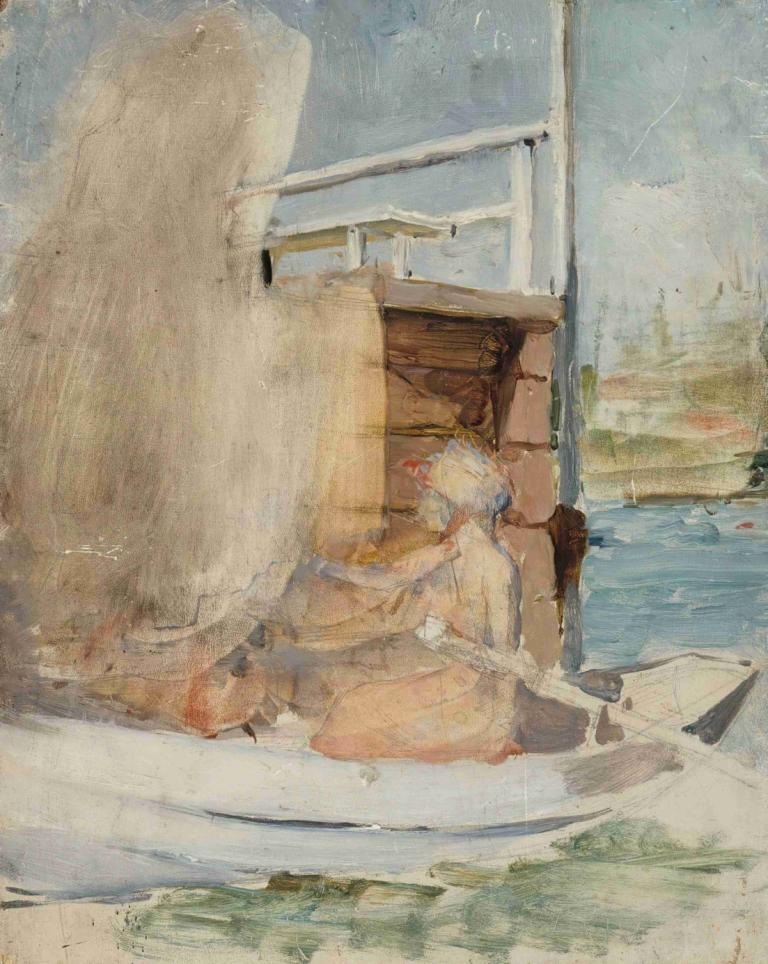 A woman in a boat at the pier,Albert Edelfelt,Oil Painting,Oil Painting, watercraft, 1girl, boat, solo