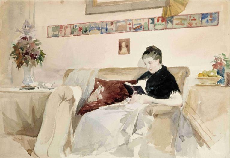 Artist’s Wife Reading On The Sofa,Albert Edelfelt,Oil Painting,Oil Painting, shirt, couch, 1boy, black shirt