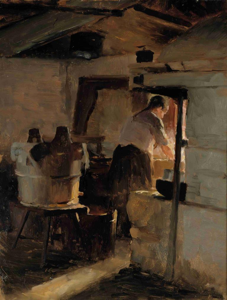 At the stove,Albert Edelfelt,Oil Painting,Oil Painting, solo, black hair, shirt, 1boy, indoors, male focus