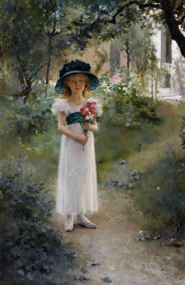 Au Jardin,I hagen,Albert Edelfelt,Oljemaleri,Oljemaleri, 1 jente, kjole, solo, hatt, blomst, hvit kjole