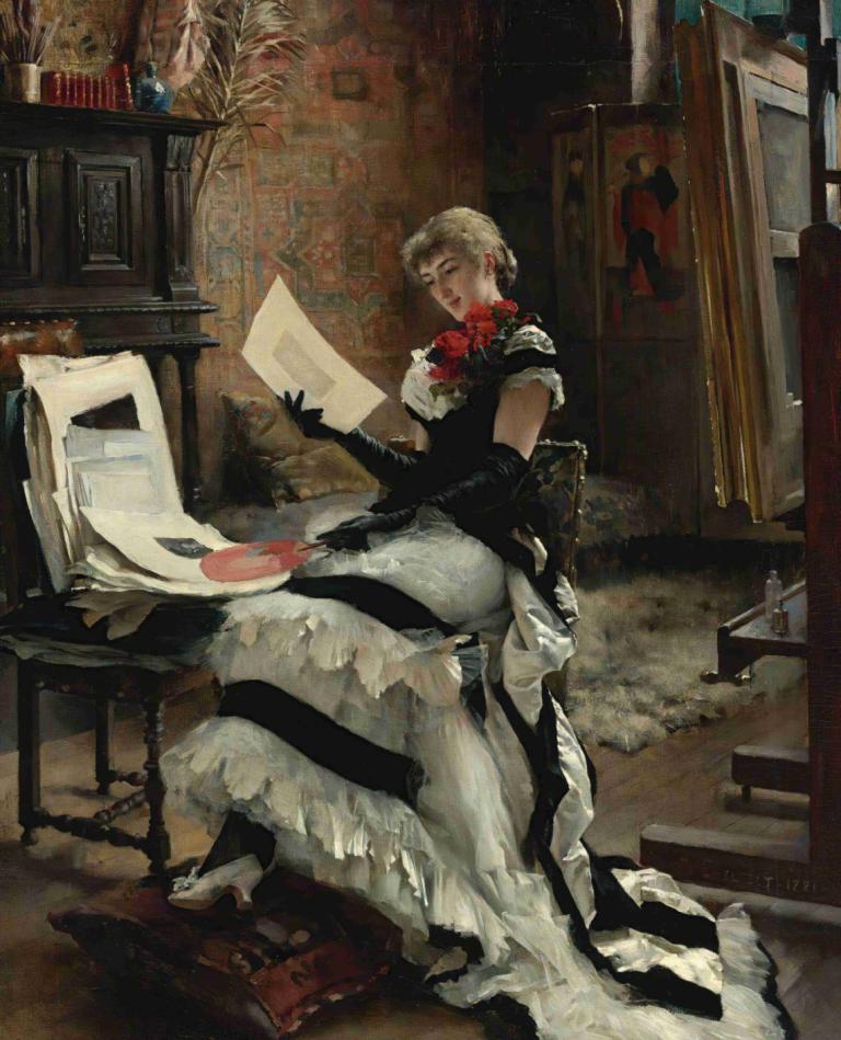 Chez L'artiste (Les Gravures),Albert Edelfelt,Peinture à l'huile,Peinture à l'huile, gants, robe, solo