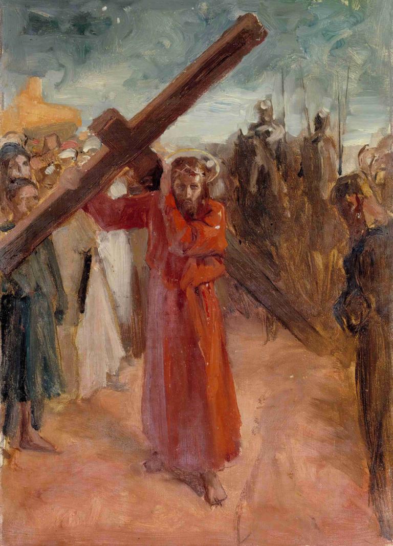 Christ Bears The Cross,Albert Edelfelt,Oil Painting,Oil Painting, robe, beard, multiple boys, outdoors